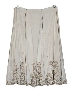 Tango Mango Bone White Cotton Lined Swing Midi Skirt w Beige Embroidery sz Large